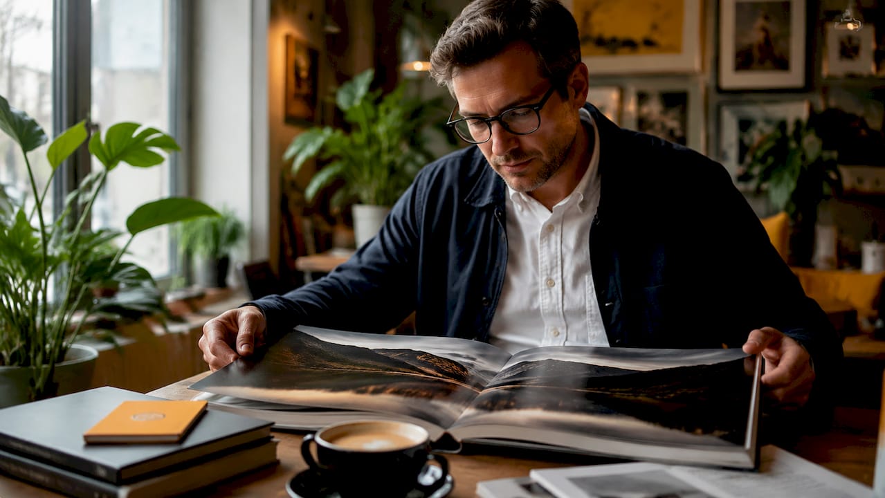 Fotograful răsfoiește și analizează un album de fotografie artistică