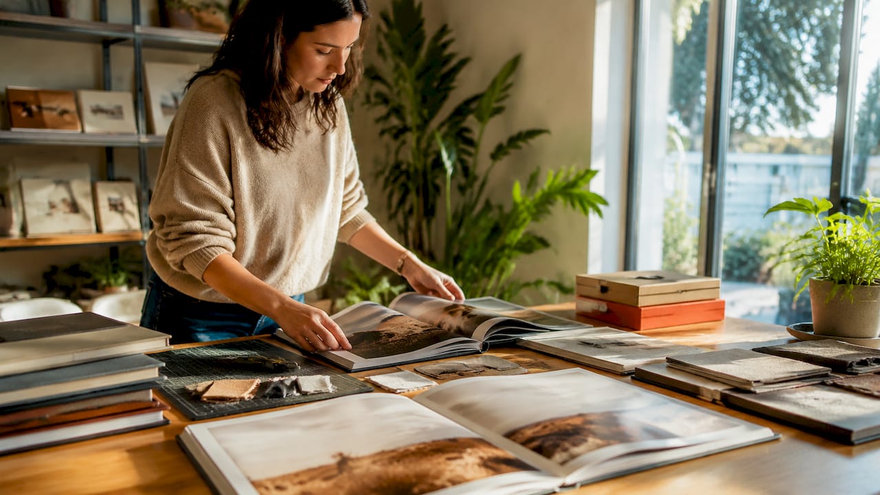 Fotograf care pune la punct diverse pachete pentru albume foto