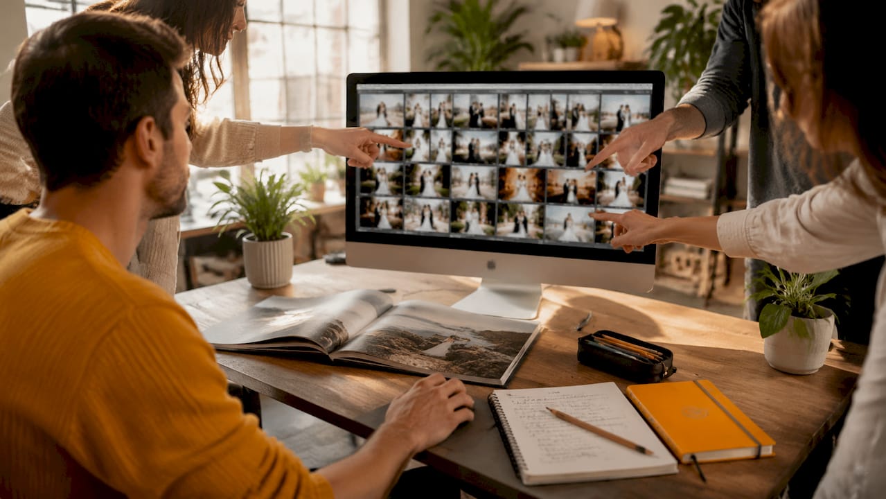 Mâini care selectează și sortează fotografiile de la nuntă pe computer