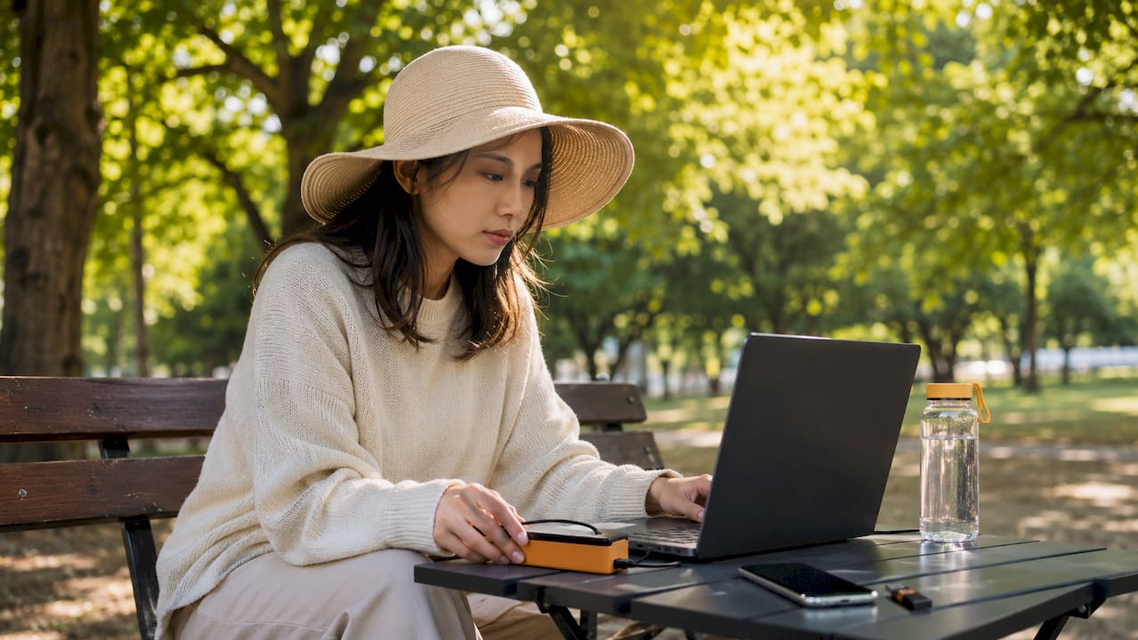O tânără își pune ordine în fișierele digitale și face backup pe laptop, chiar la biroul ei de acasă.