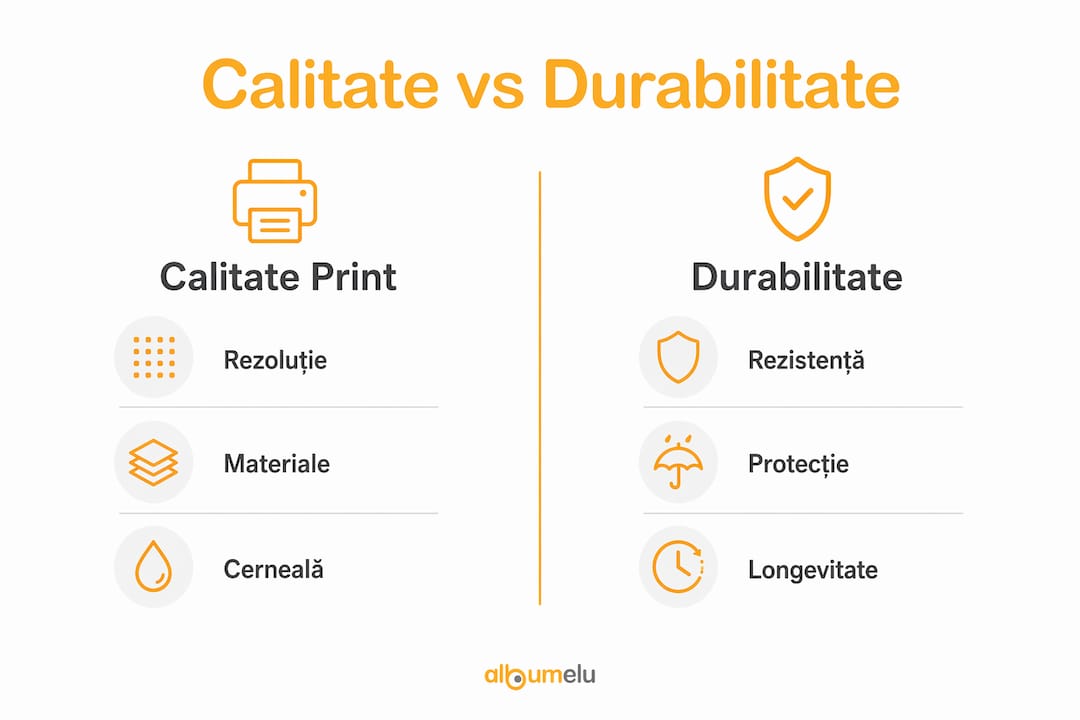 Infografic care pune față în față calitatea imprimării și rezistența în timp