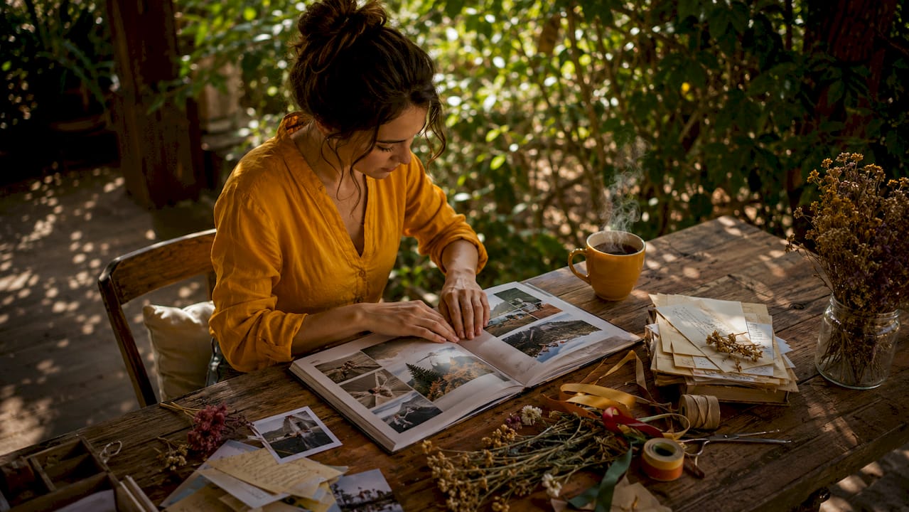 O femeie își aranjează acasă albumul foto personalizat, sortând pozele preferate și adăugând detalii care îi amintesc de momente speciale.