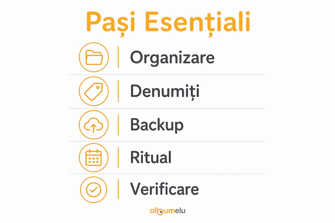 Infografic cu pașii de bază pentru organizarea eficientă a amintirilor digitale