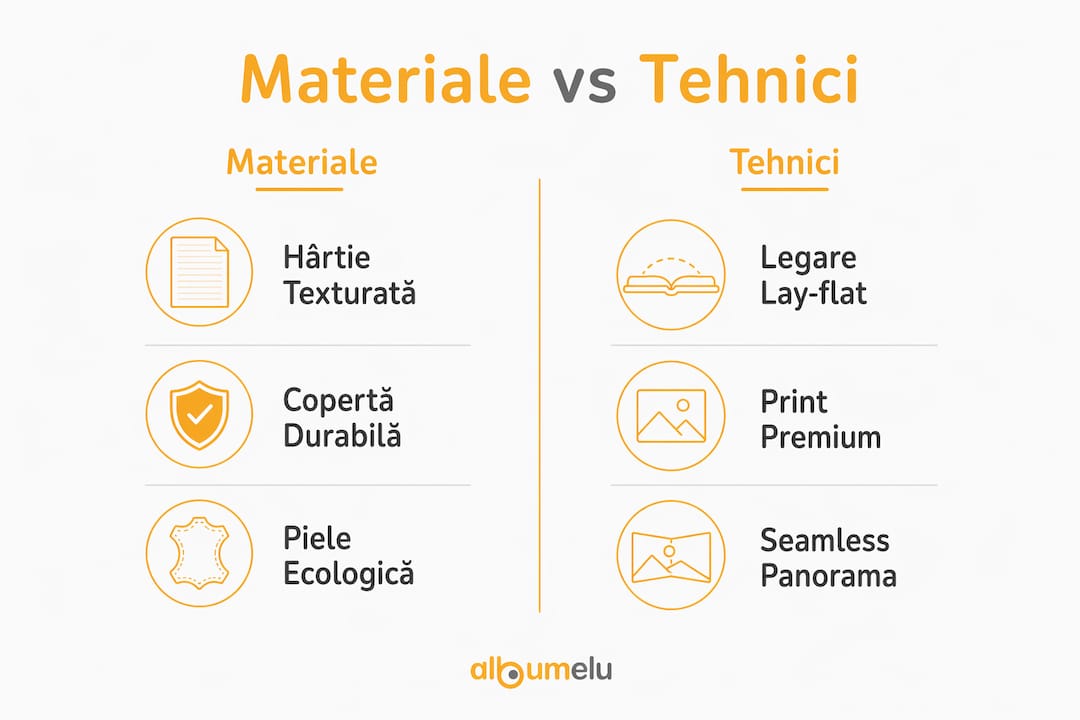 Infografic: comparație între materialele și metodele folosite la realizarea albumelor foto în 2026