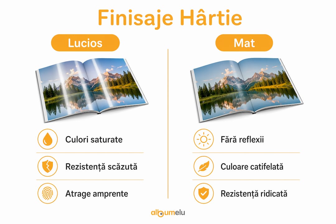 Infografic: Diferențe între hârtia lucioasă și cea mată pentru albumele foto
