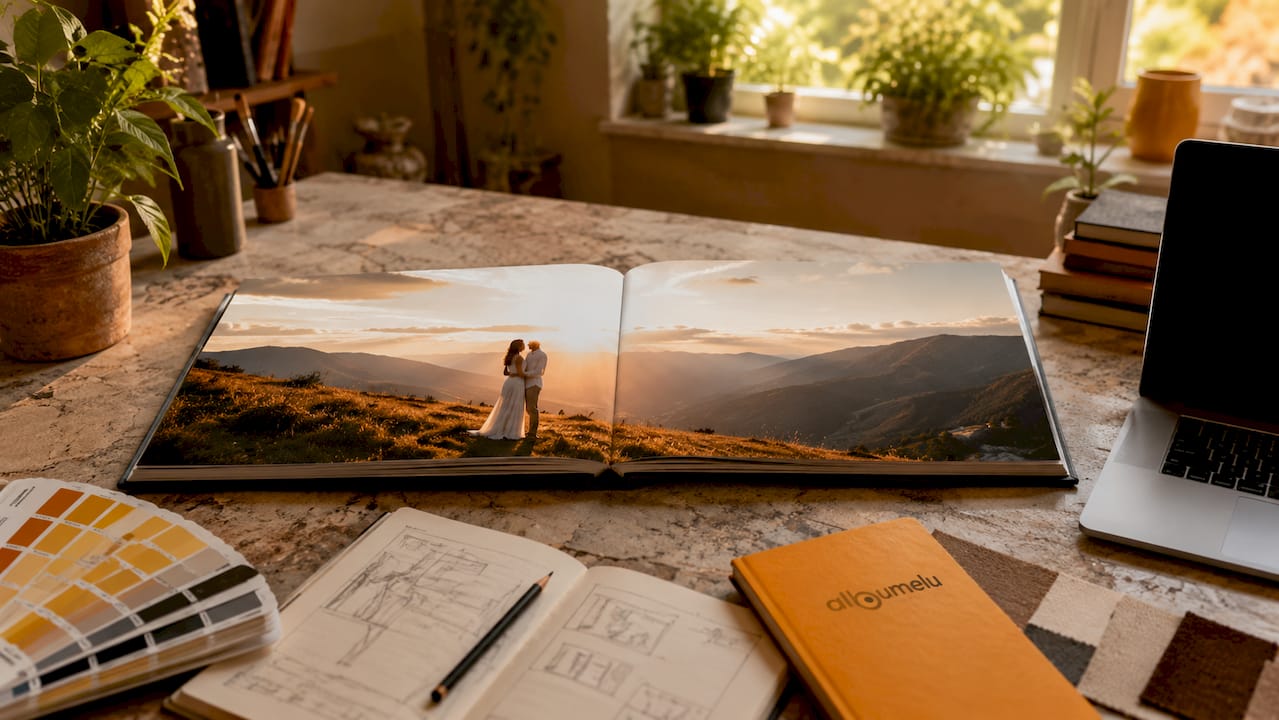 Pe masa din studio, se află deschisă o copertă elegantă a unui album foto premium cu pagini layflat.