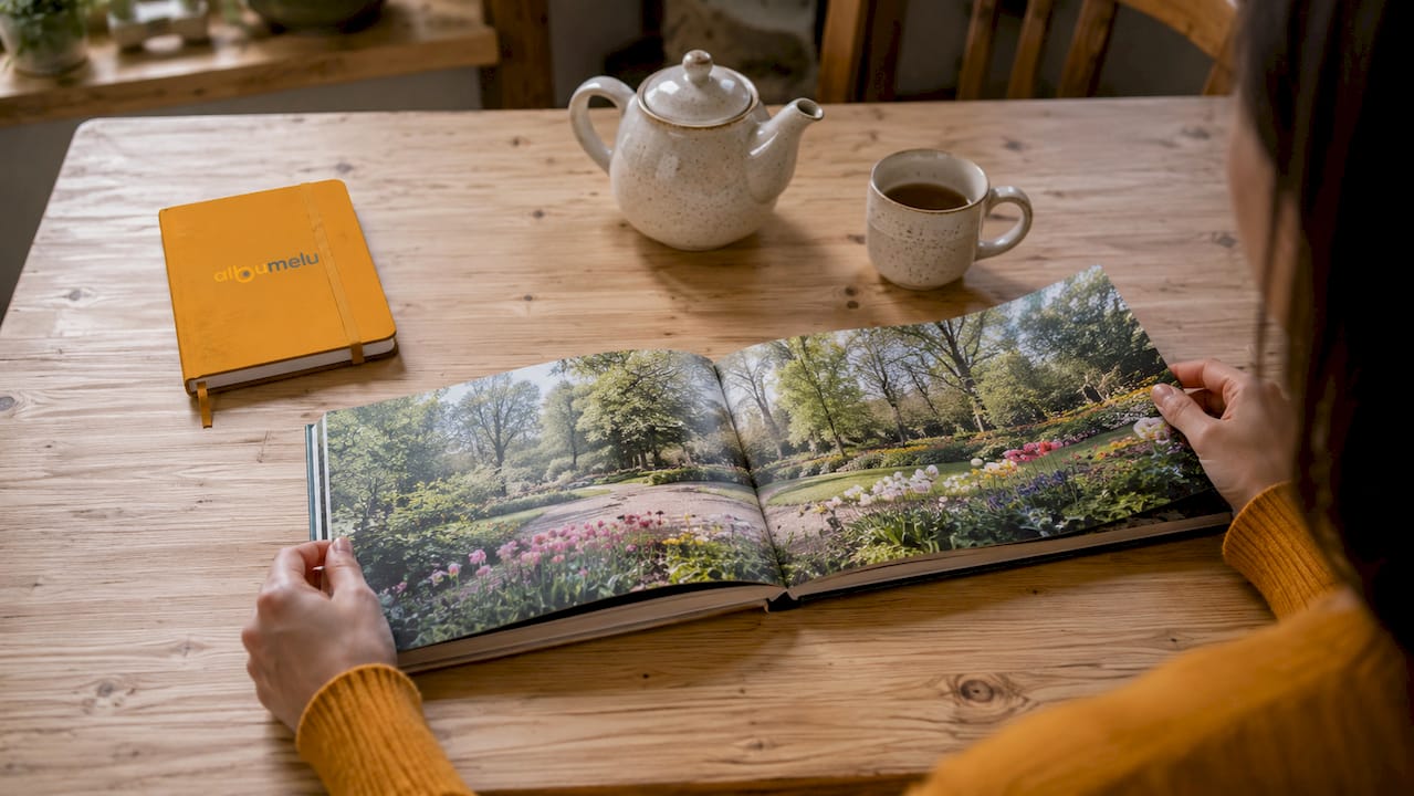 Mâini care răsfoiesc paginile unui album foto premium, cu deschidere completă