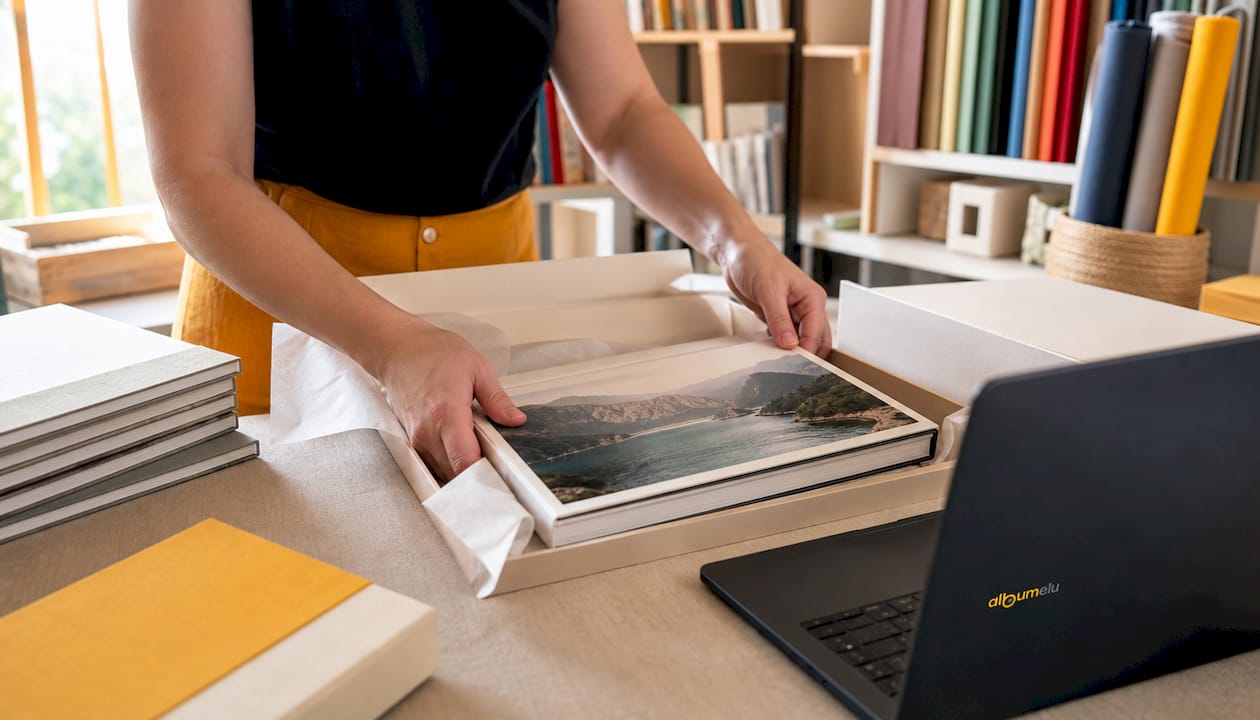 Albumul foto premium layflat este atent împachetat de mâini pricepute, undeva într-un depozit, pregătit pentru livrare.