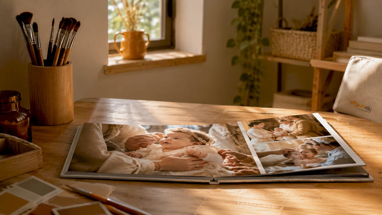 Album foto premium pentru botez, deschis pe masă