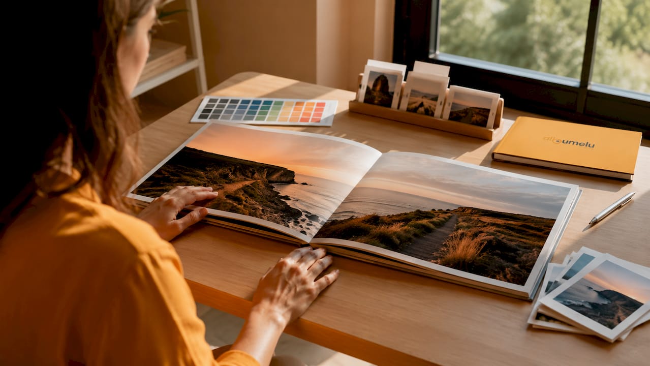 Mâini care aranjează cu grijă un album foto personalizat, cu pagini ce se deschid complet.