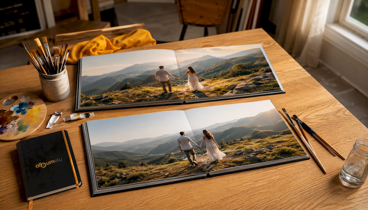 Două albume foto tip layflat puse față în față: diferențe între tipurile de hârtie