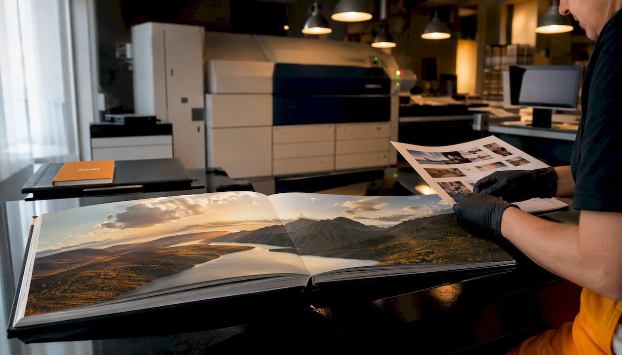 Două mâini examinează o probă de print, chiar lângă un album foto Fuji Crystal Archive, într-un laborator foto.
