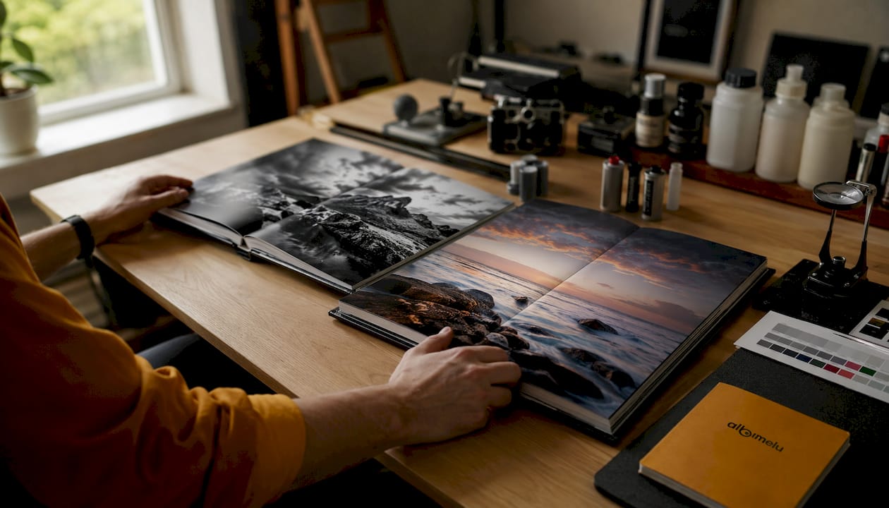 Două albume foto tip layflat sunt ținute în mâini, pentru a compara tipurile diferite de printare.