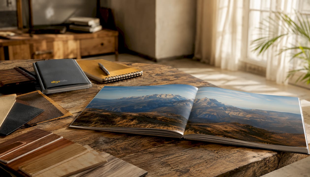 Albume foto premium deschise pe birou, alături de mostre de materiale textile și unelte pentru gravură.