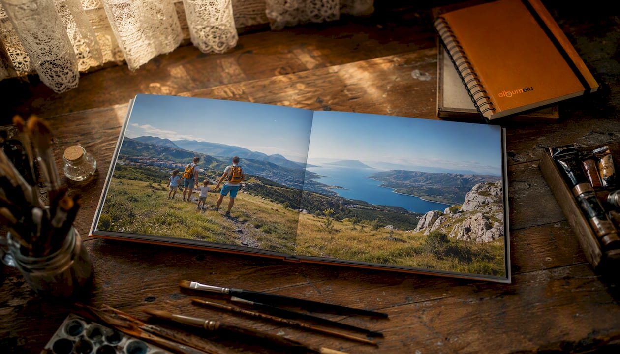 Album foto premium, deschis perfect plat pe masă