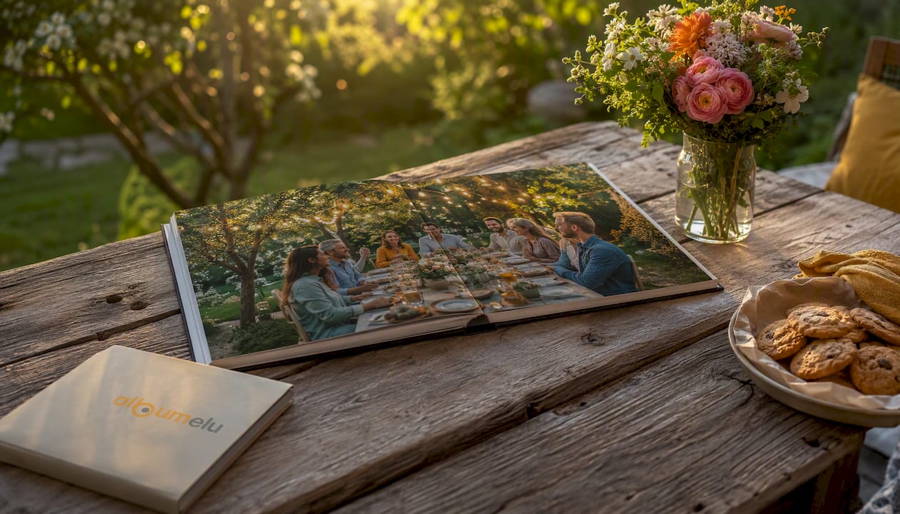 Pagină dublă deschisă din albumul foto premium al familiei