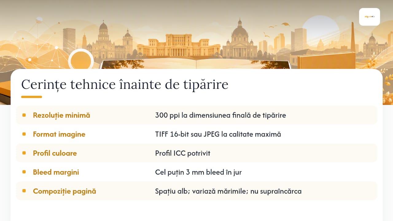 Ilustrație care prezintă detaliile tehnice pentru tipărirea albumelor foto
