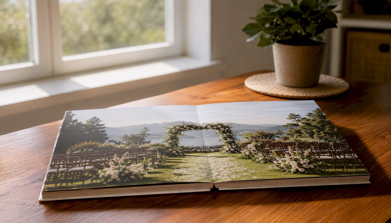 Album foto premium, cu deschidere completă, plin cu amintiri de la nuntă