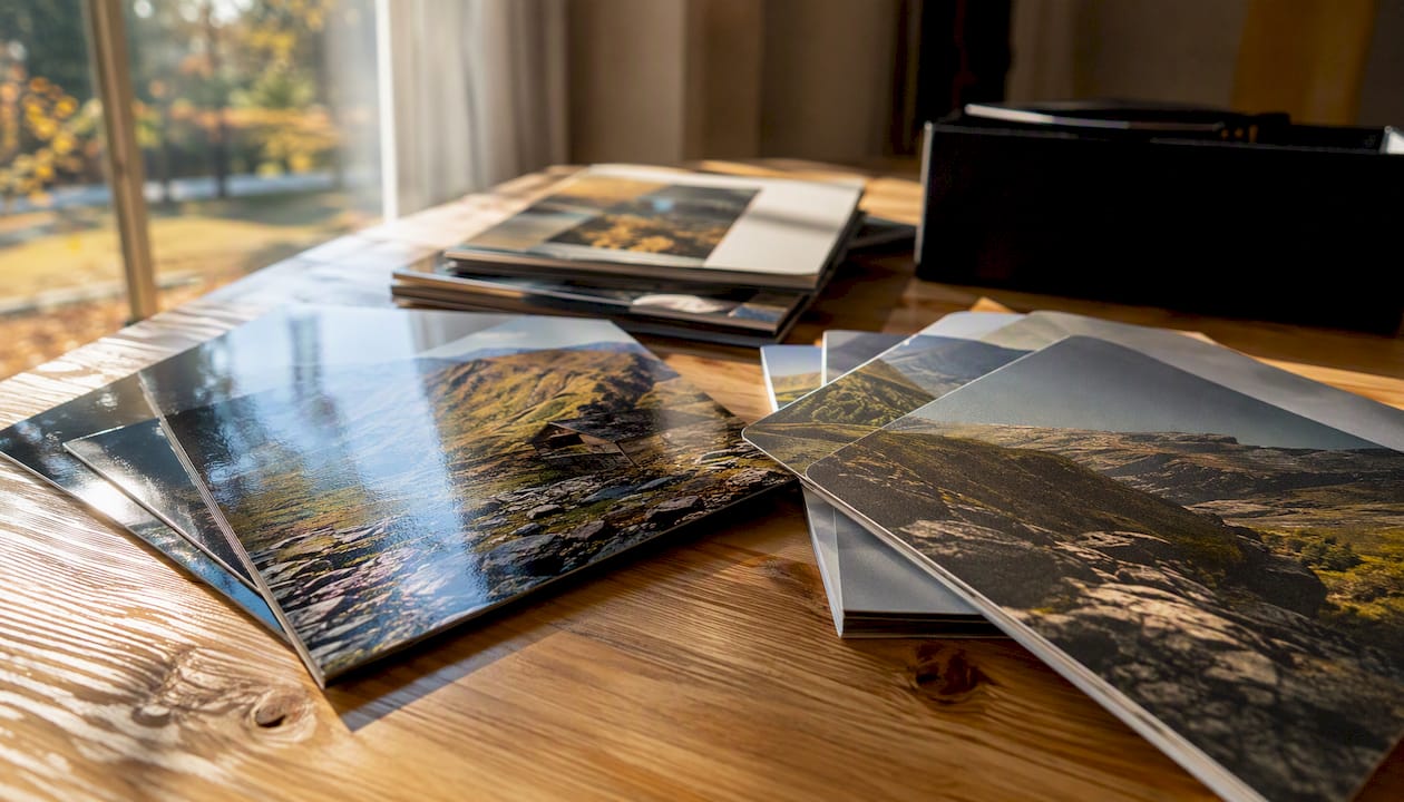 Detaliu cu mostre de hârtie foto premium, cu finisaj mat