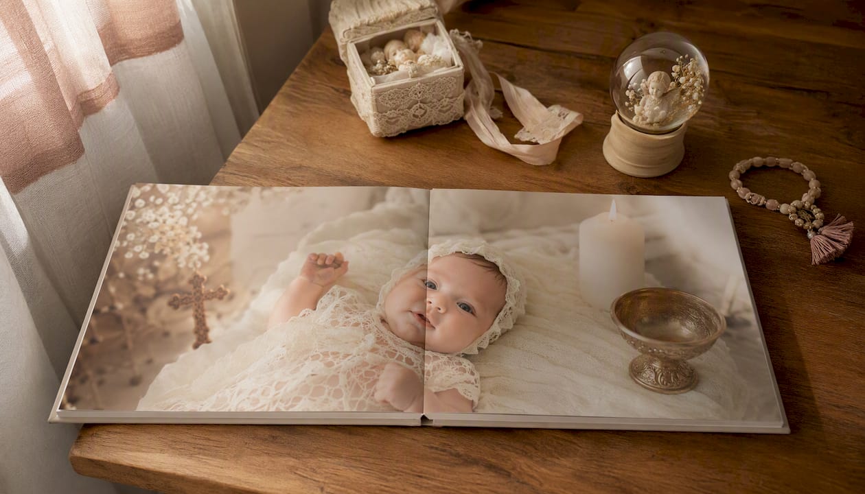 Album foto de botez, deschis pe masă, cu amintiri păstrate printre paginile sale
