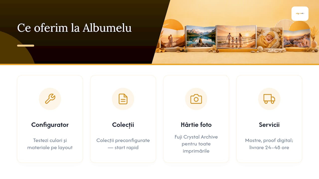 Ce oferim noi la Albumelu pentru culoarea şi materialul potrivit — overview diagram