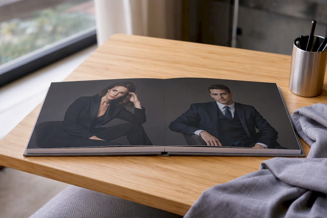 Album foto tip layflat, deschis, cu portrete profesionale expuse pe pagini
