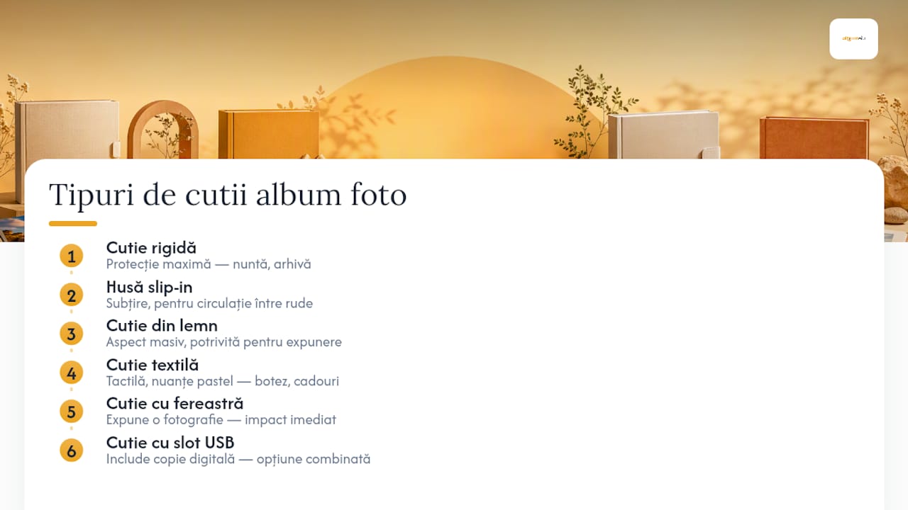 Grafică comparativă a tipurilor de cutii pentru albume foto și utilizările lor