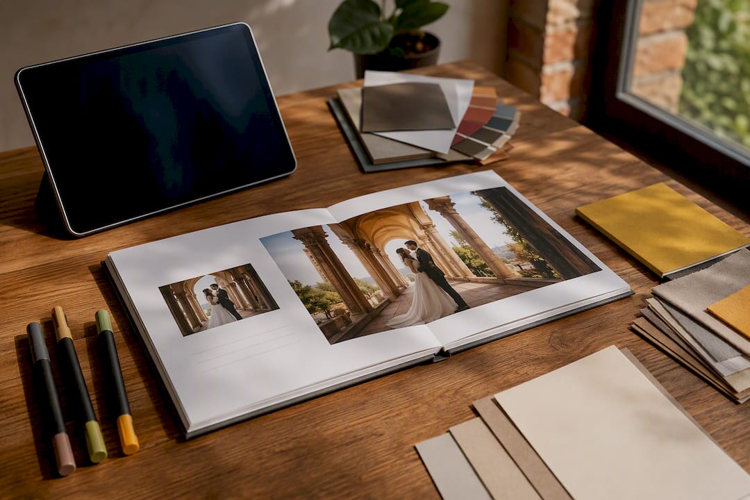 Spațiu de lucru cu album de nuntă și instrumente digitale de design