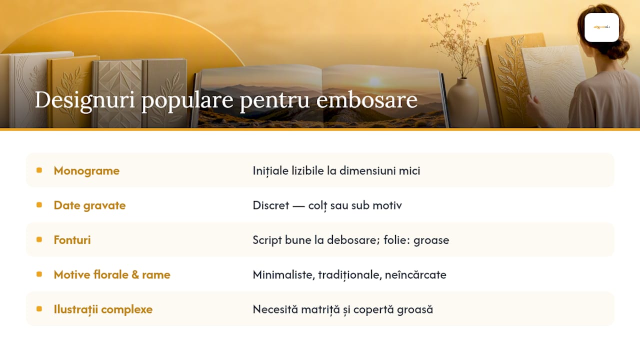 Modele și design-uri populare pentru copertă embosată — overview diagram
