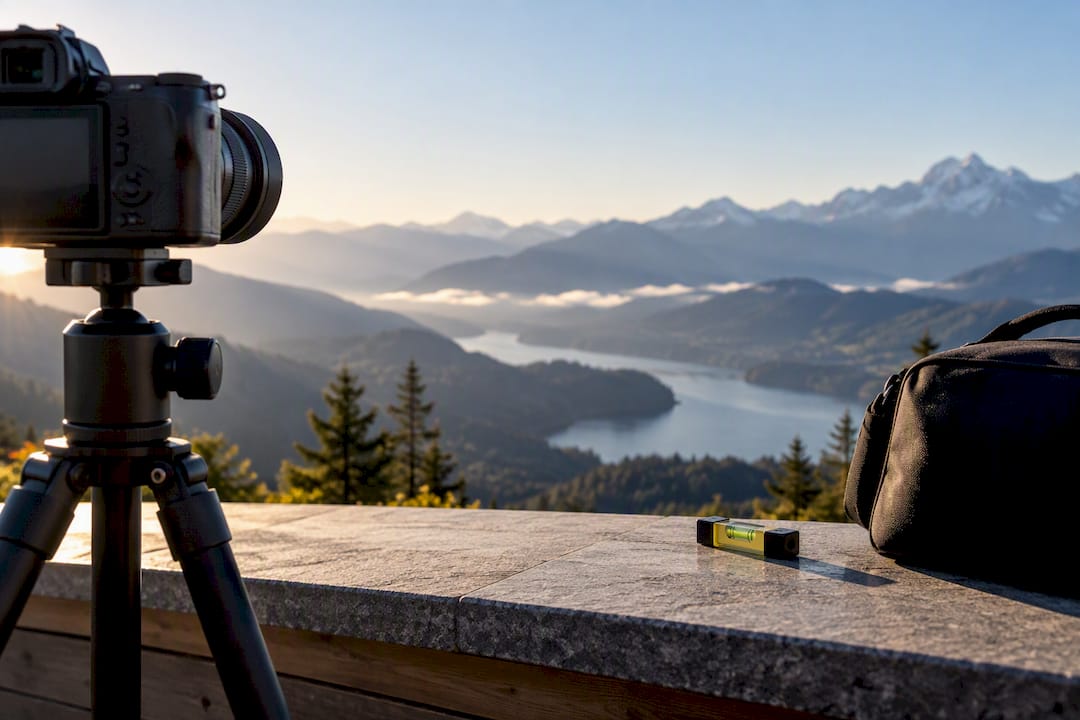 Aparat foto montat pe trepied, perfect nivelat pentru panoramă