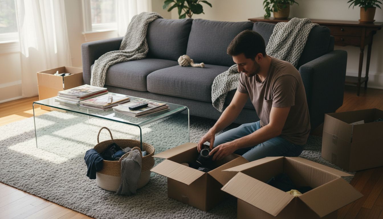 Man sorting clutter in living room