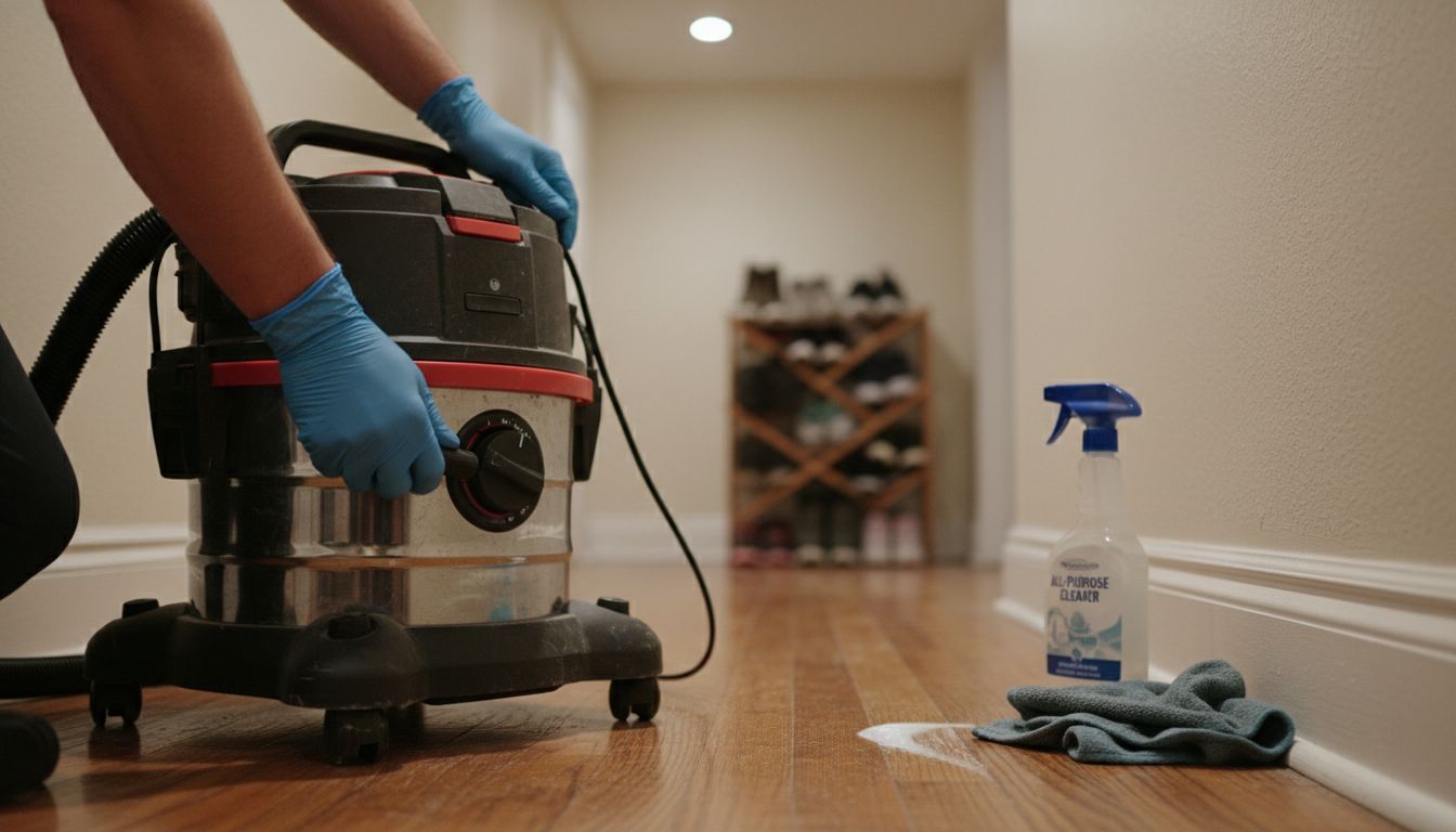 Cleaner adjusting vacuum in hallway with supplies