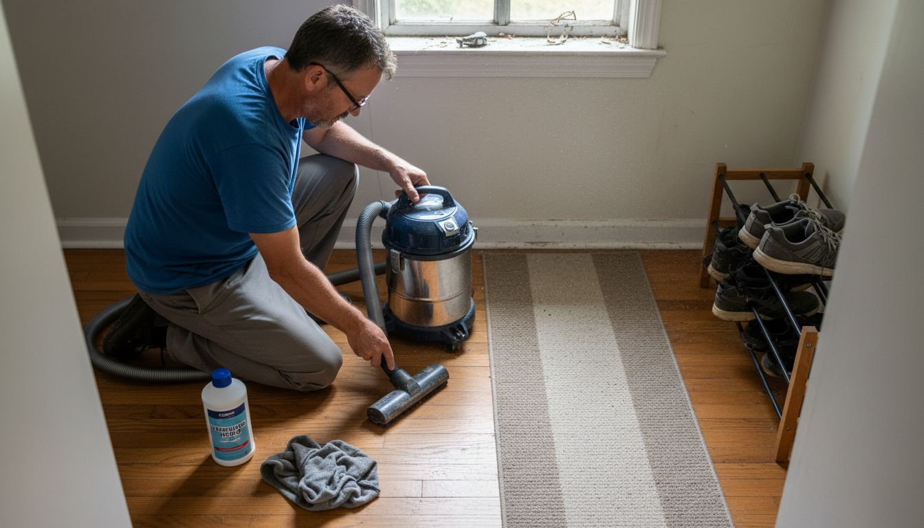 Person vacuuming hardwood and carpet hallway