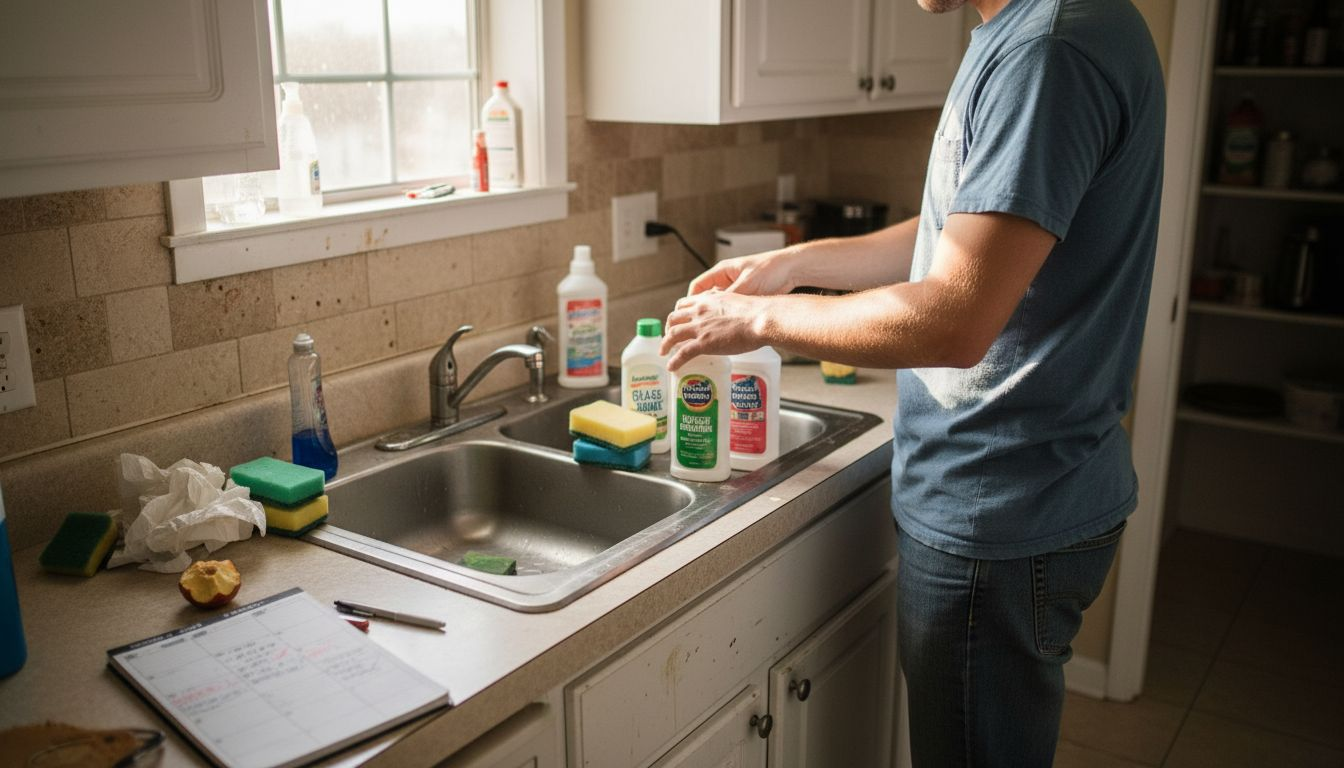 Sorting cleaning supplies in messy kitchen