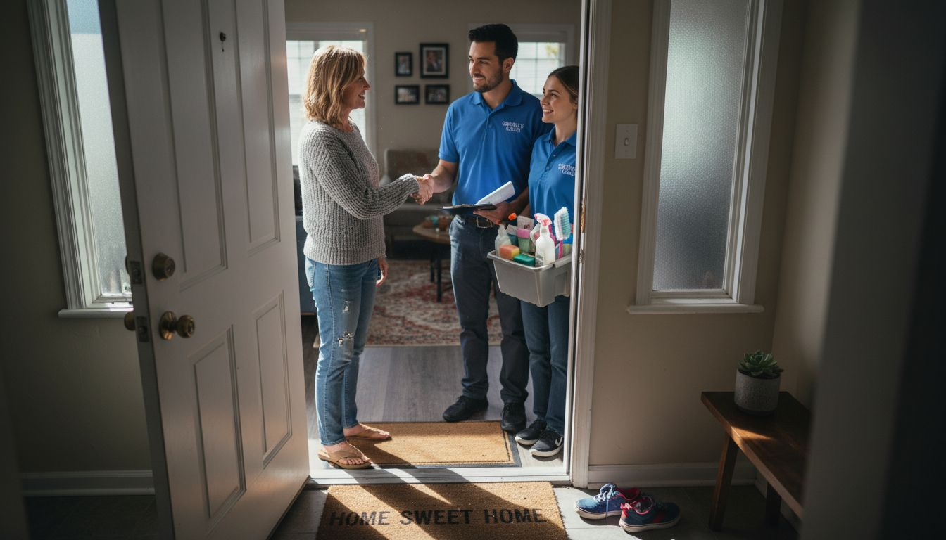 Homeowner greeting trusted cleaning team