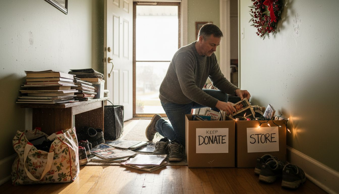 Man sorting hallway clutter before holidays