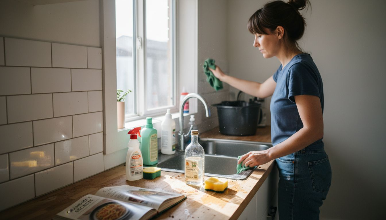 Person cleaning LA kitchen surfaces thoroughly