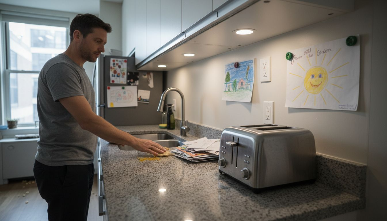 Father wiping messy kitchen counters with overlooked messes