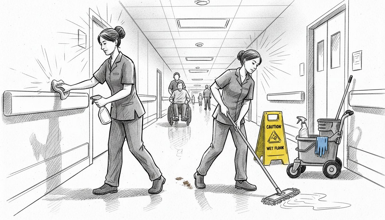 Cleaning staff sanitizing hospital hallway