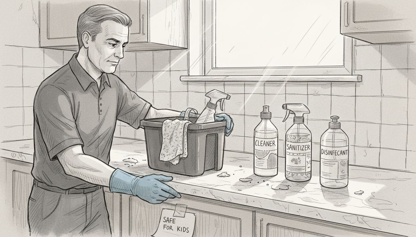 Cleaning products arranged on kitchen counter