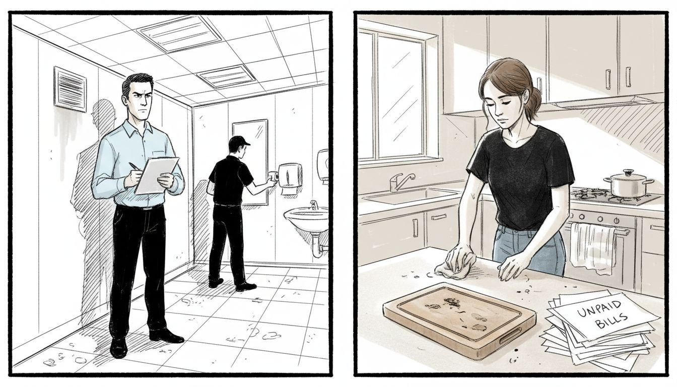 Supervisor inspects commercial cleaning versus home cleaning