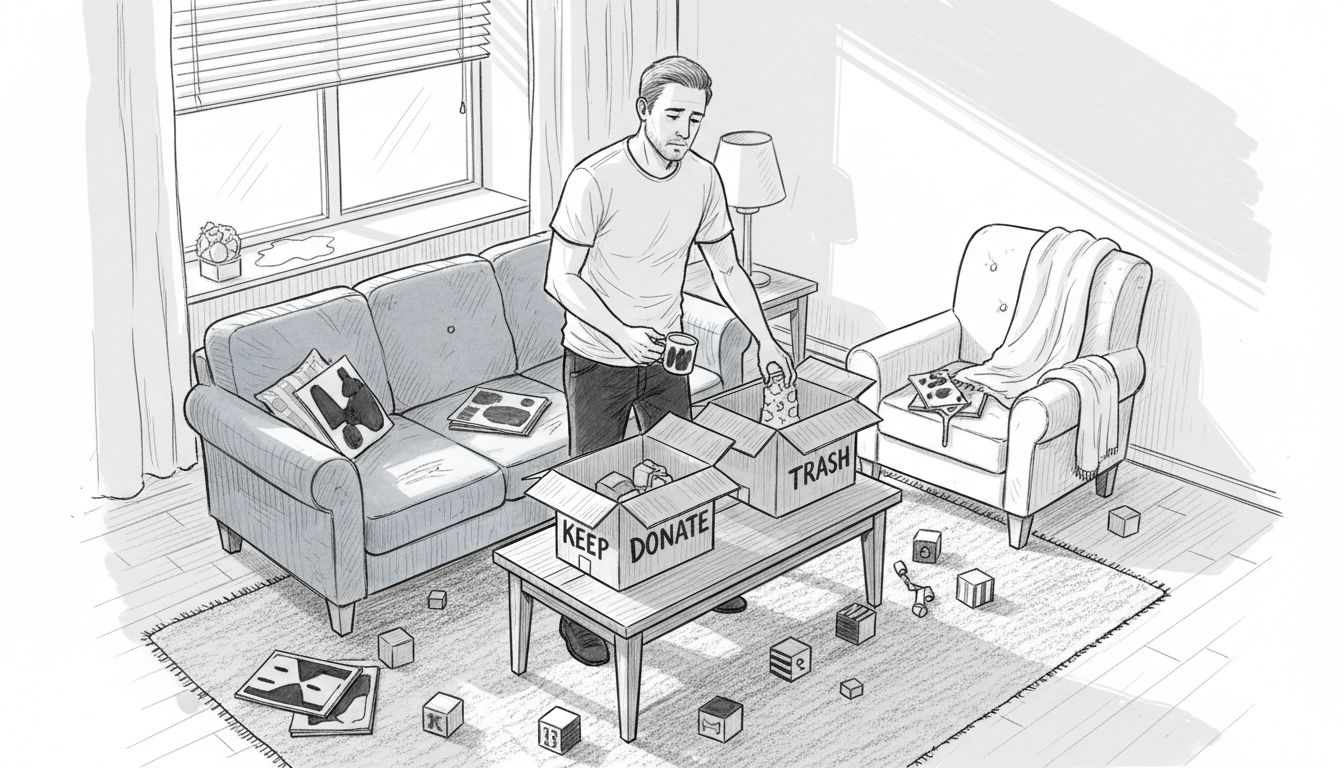 Father sorting clutter in living room