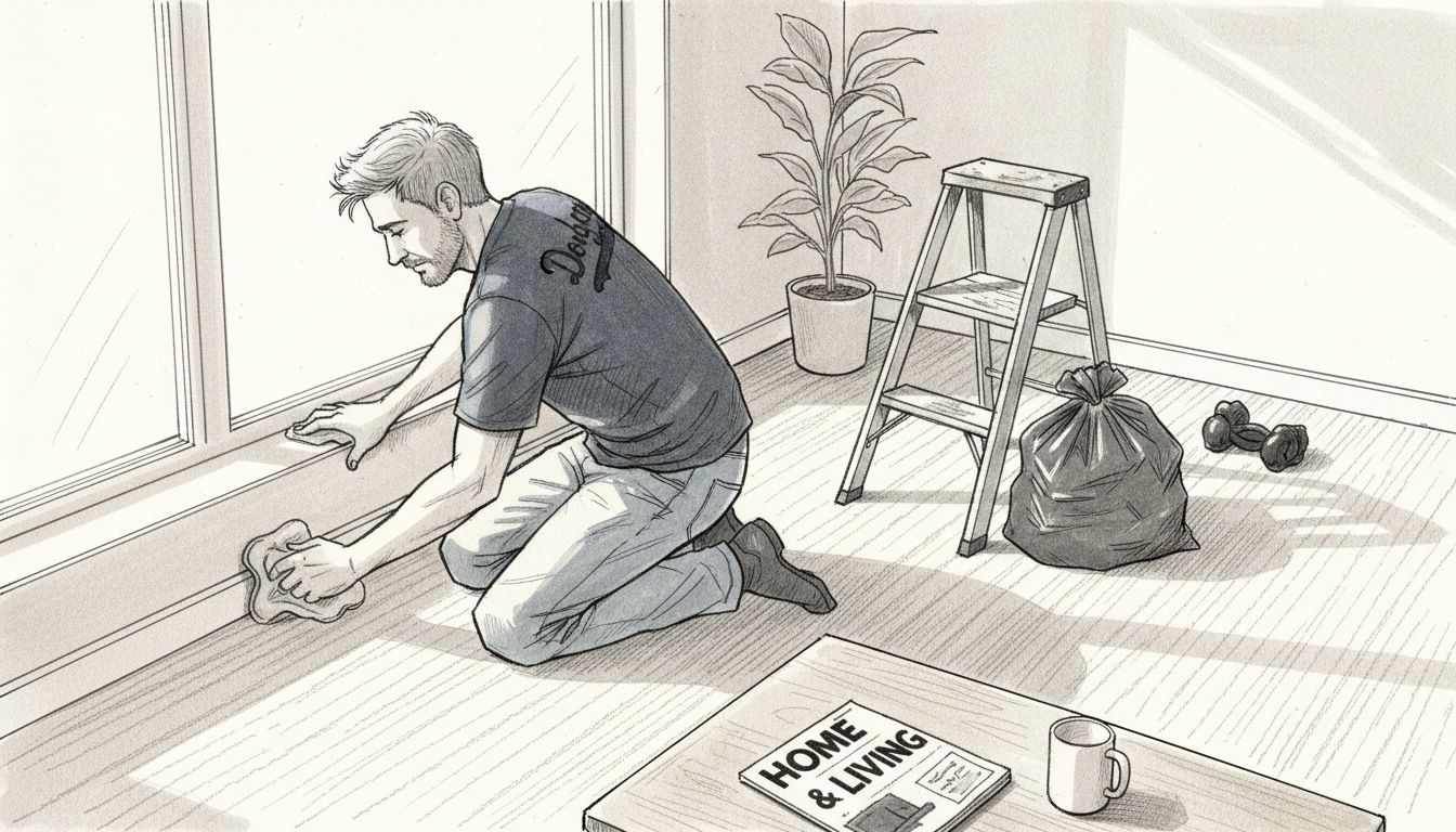 Homeowner cleaning baseboards in living room
