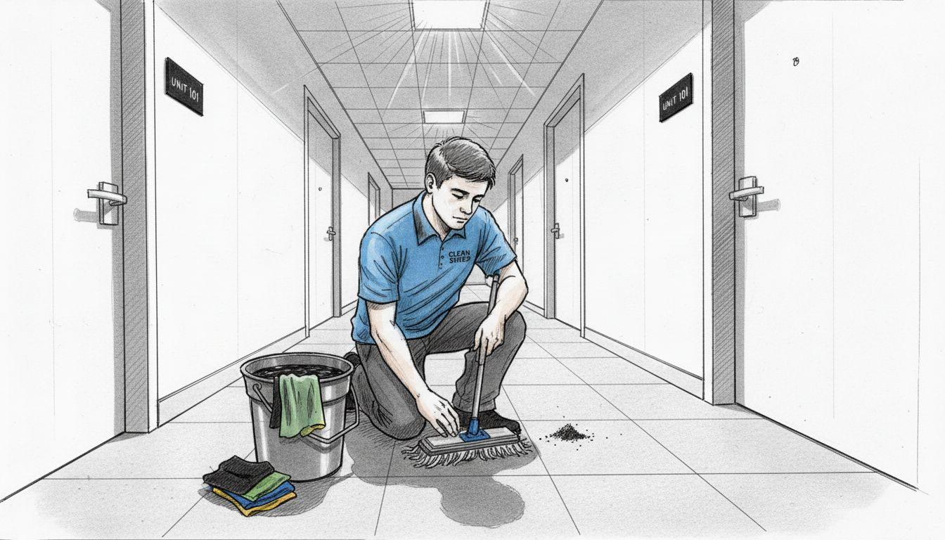 Janitor sanitizing new apartment hallway floor