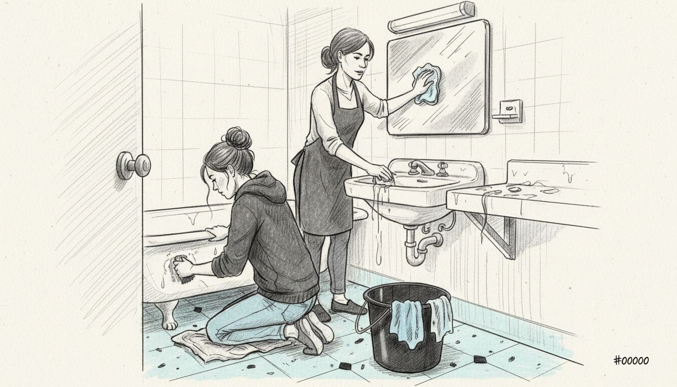 Mother and daughter deep cleaning bathroom