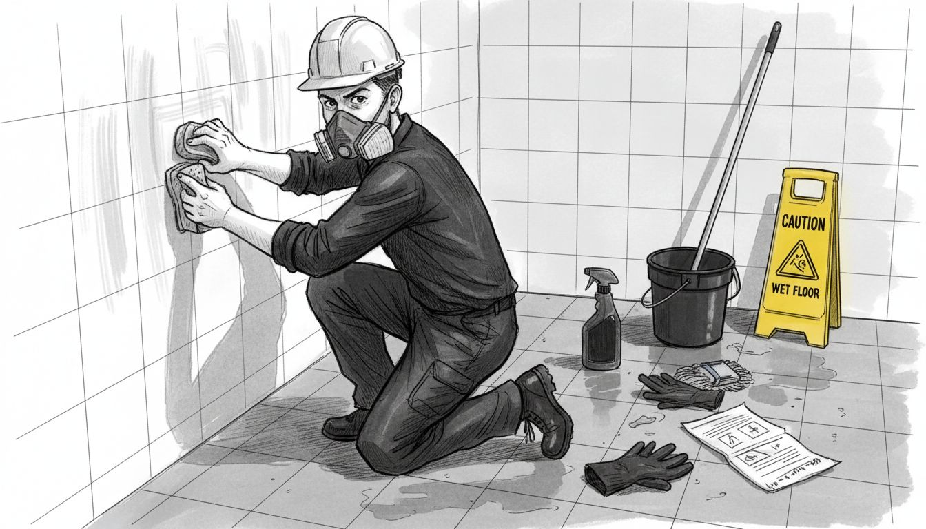 Cleaner wiping new tiles in restroom