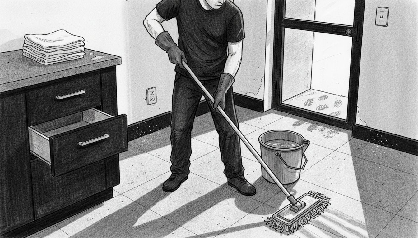 Cleaning crew mops worn kitchen entrance