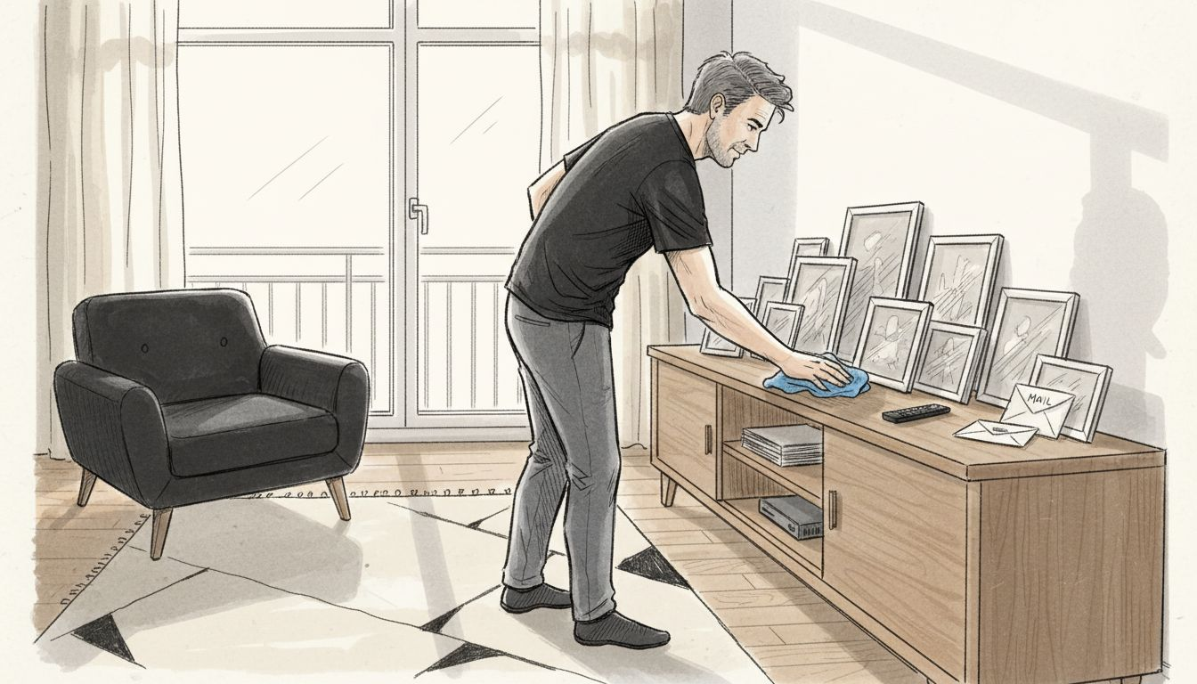 Man dusting living room surfaces with microfiber cloth