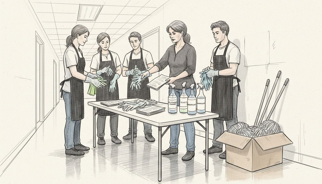 Landlord preparing cleaning team and supplies