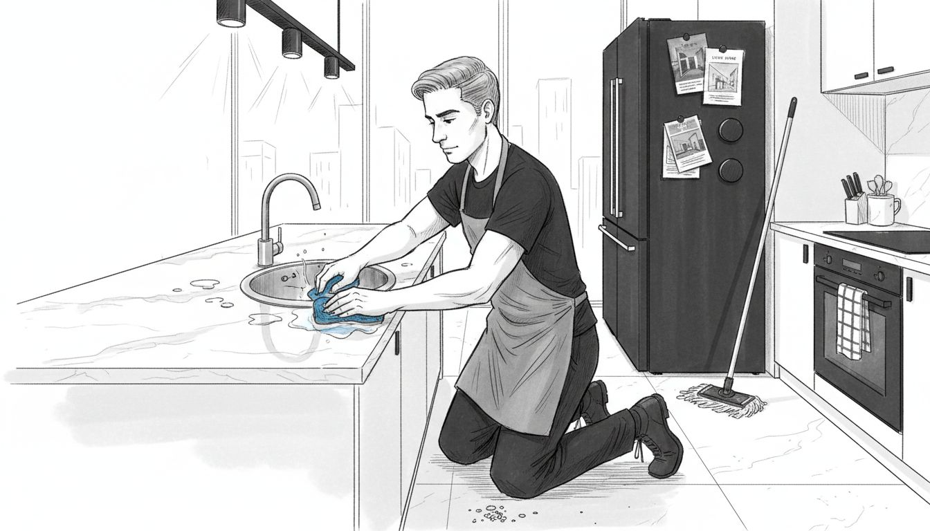 Cleaner scrubbing apartment kitchen sink surface